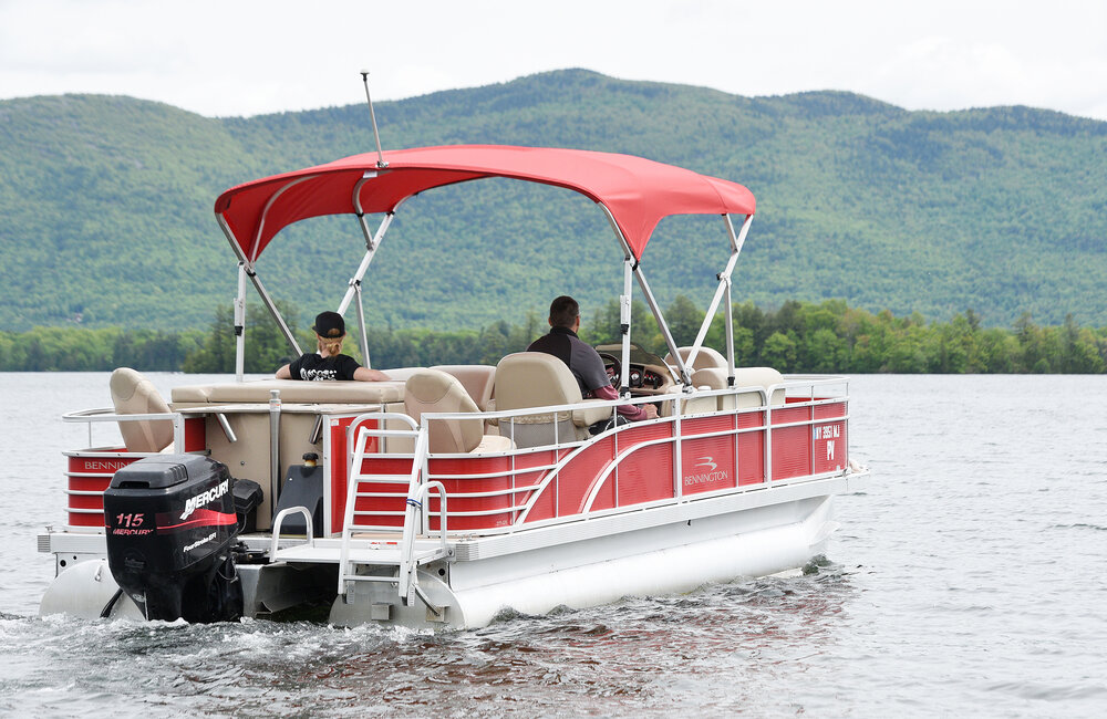 ERICA MILLER/GAZETTE PHOTOGRAPHER  
Justin Mahoney (not shown), owner of Lake George Island Adventures (pontoon excursions) and Highline Charter Fishing, where he docks at Lake George Suites in Lake George on Thursday, May 30, 2019.
