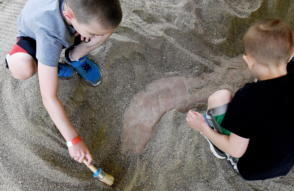 ERICA MILLER/GAZETTE PHOTOGRAPHER  
Brothers Lucas, 6-years-old (right), and Jacob Coseglia, 8-years-old of Ballston Spa, dust for dinosaur bones at the Paleontologist Workshop at Dino Roar Valley, at the Lake George Expedition Park, in Lake George on Saturday, June 2, 2019.