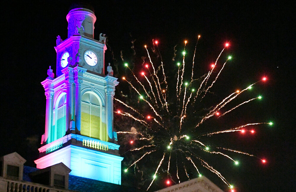 PETER R. BARBER/GAZETTE PHOTOGRAPHER Fireworks explode behind City Hall at the 2019 Summer Night in Schenectady Friday, July 12,  2019.